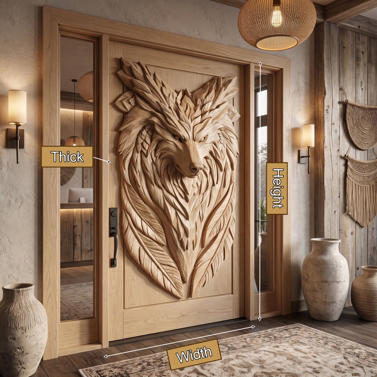 Lykaris Sculpted Solid Wood Wolf Crest Single Door