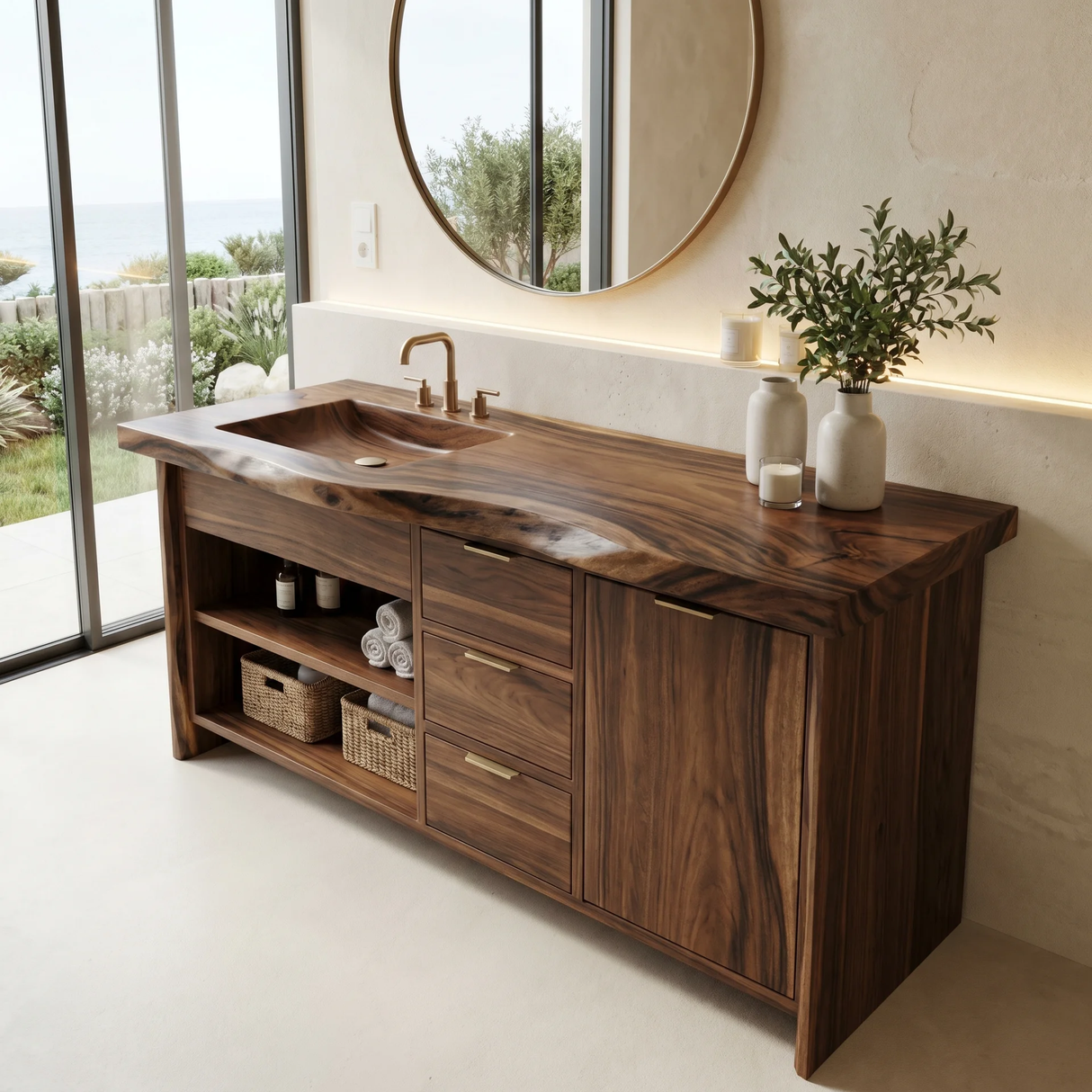 Madera Carved Freestanding Bathroom Vanity With Integrated Sink And Drawers