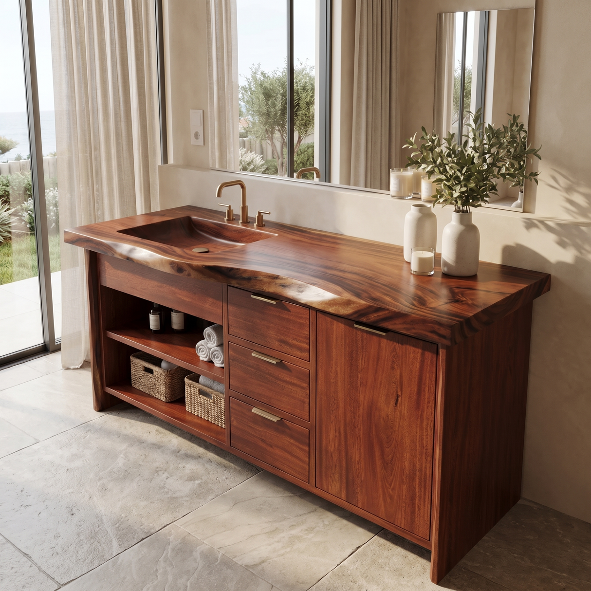 Madera Carved Freestanding Bathroom Vanity With Integrated Sink And Drawers
