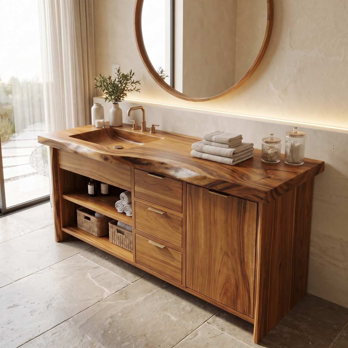 Madera Carved Freestanding Bathroom Vanity With Integrated Sink And Drawers