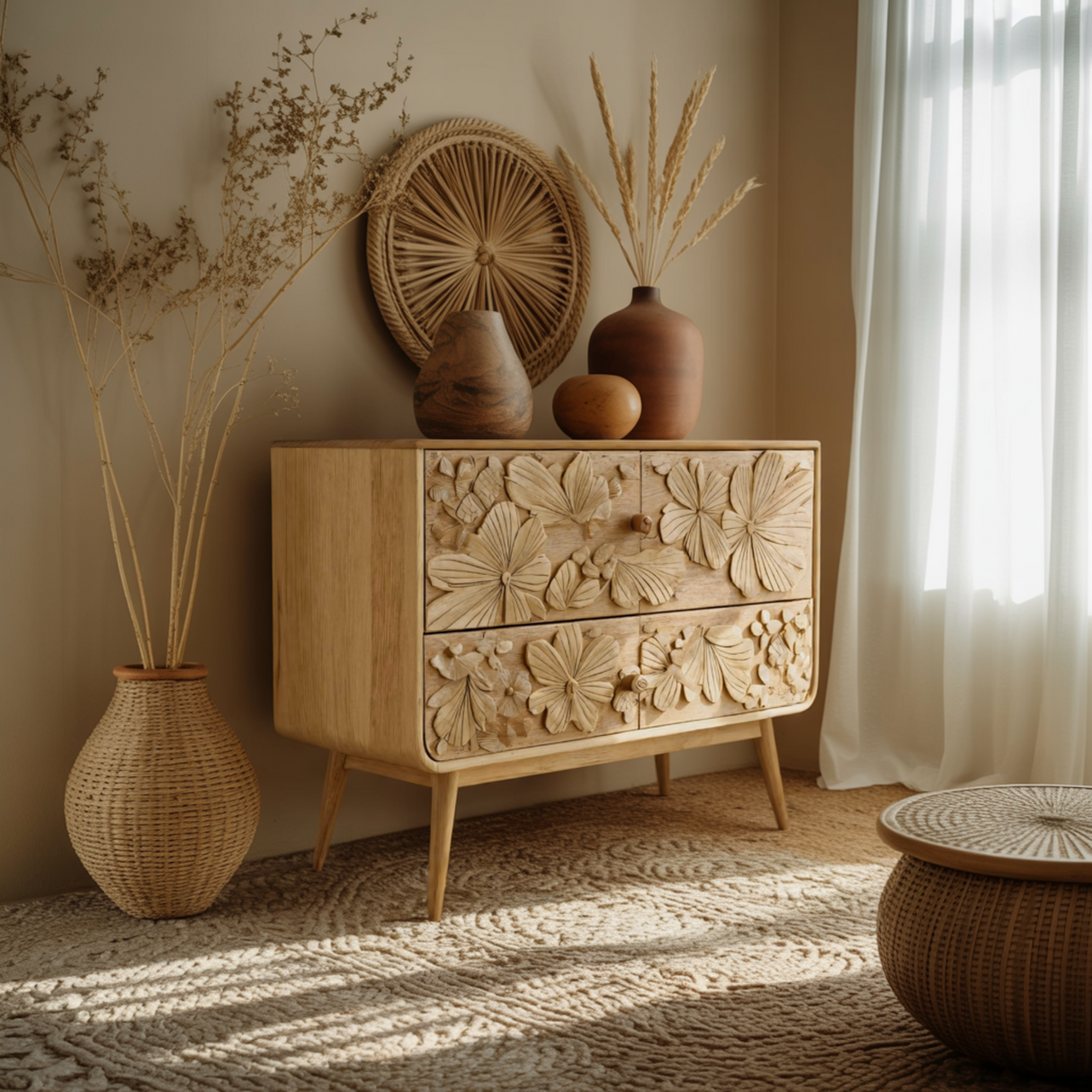 Maravi Hand-Carved Botanical Solid Wood Sideboard Cabinet