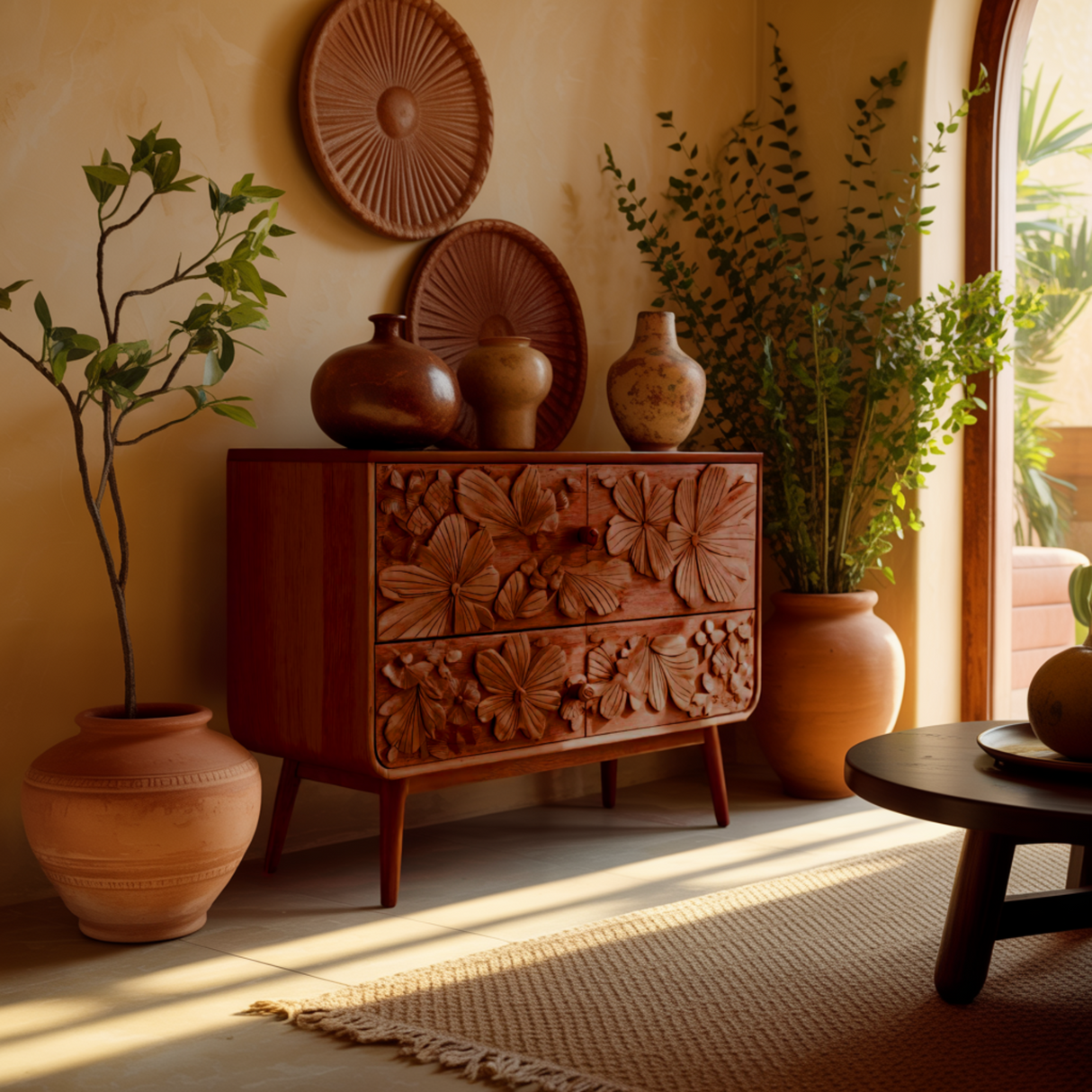 Maravi Hand-Carved Botanical Solid Wood Sideboard Cabinet