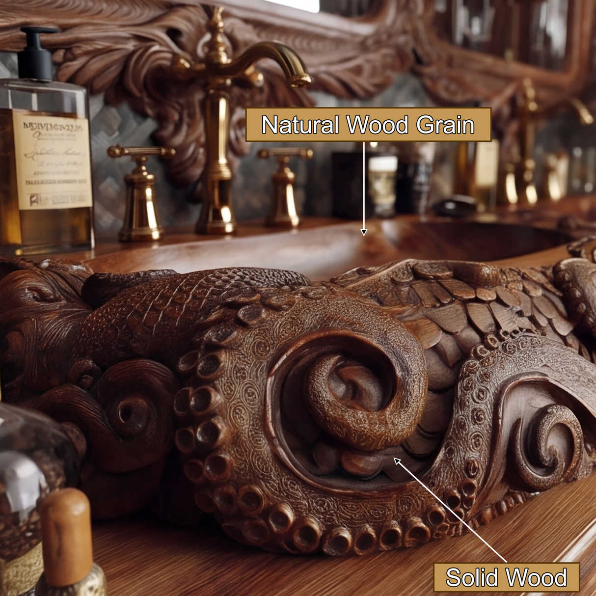 Morveth Octopus Form Handcarved Solid Wood Vessel Sink - Timberustic Vessel Sinks