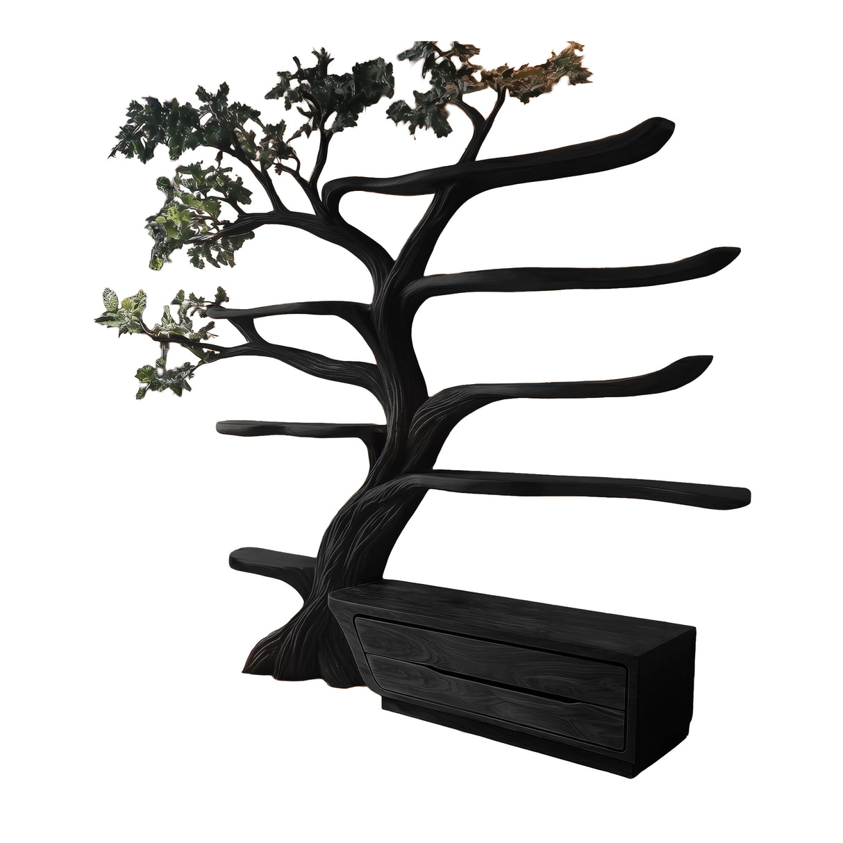 Mythravel Sculpted Solid Wood Tree Bookshelf with Drawers Black - Timberustic Tree Bookshelf