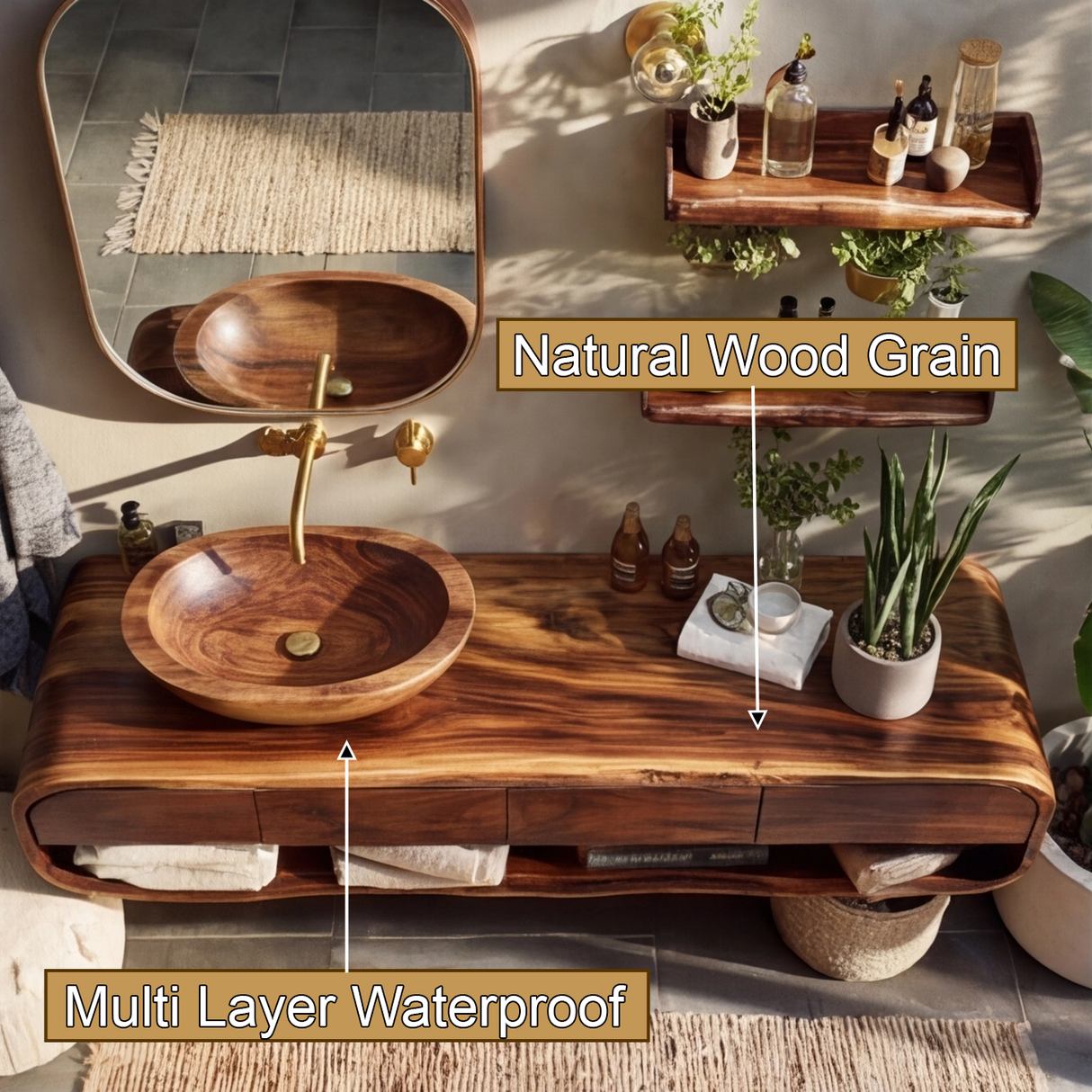 Lunara Sculpted Solid Wood Floating Bathroom Vanity with Drawers - Timberustic Floating Bathroom Vanity With Drawers