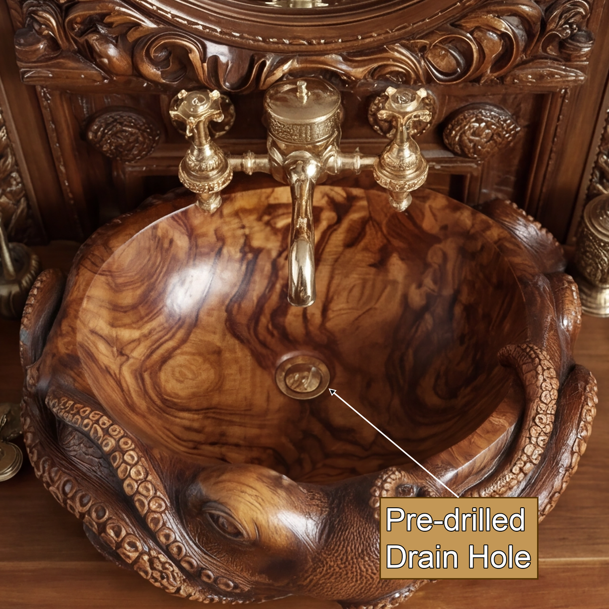 Nautivar Octopus Form Handcarved Solid Wood Sculpted Vessel Sink - Timberustic Vessel Sinks