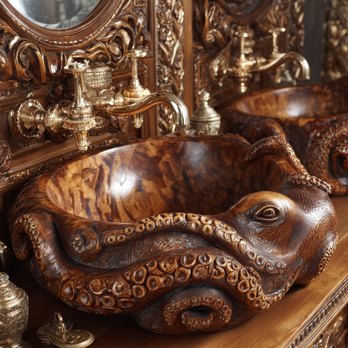 Nautivar Octopus Form Handcarved Solid Wood Sculpted Vessel Sink - Timberustic Vessel Sinks
