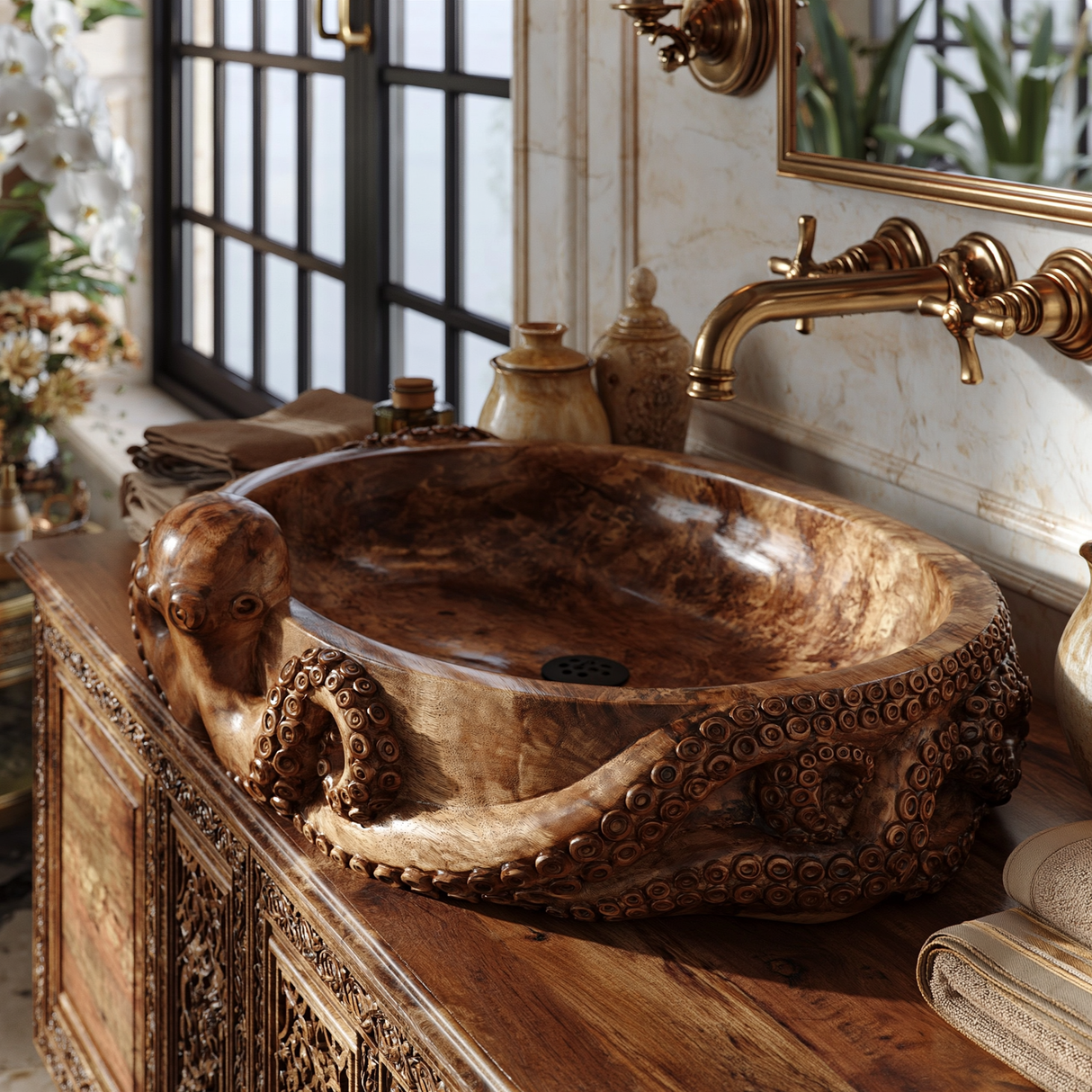 Nautivor Handcrafted Solid Wood Octopus Vessel Sink