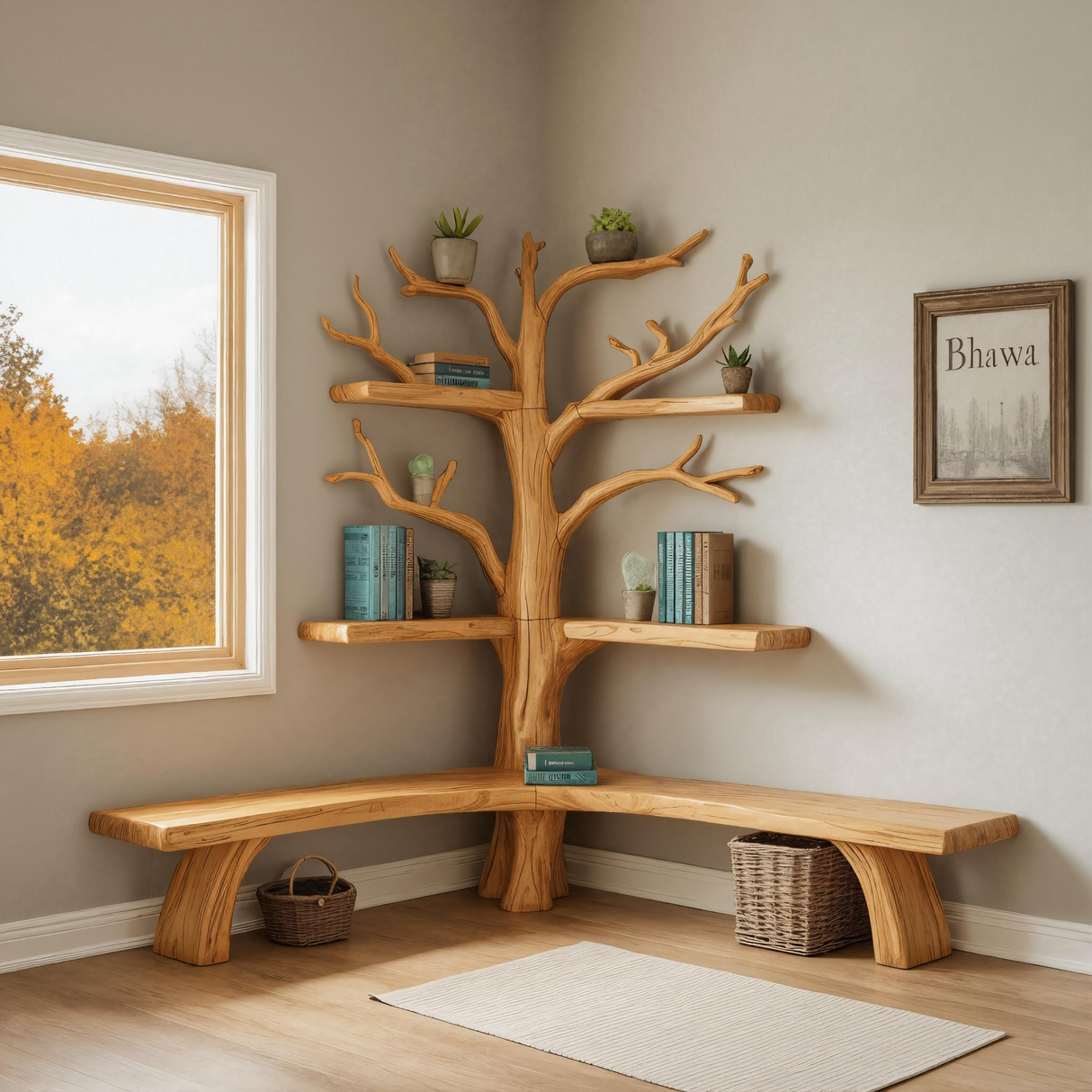 Nerav Live Edge Tree Bookshelf with Bench