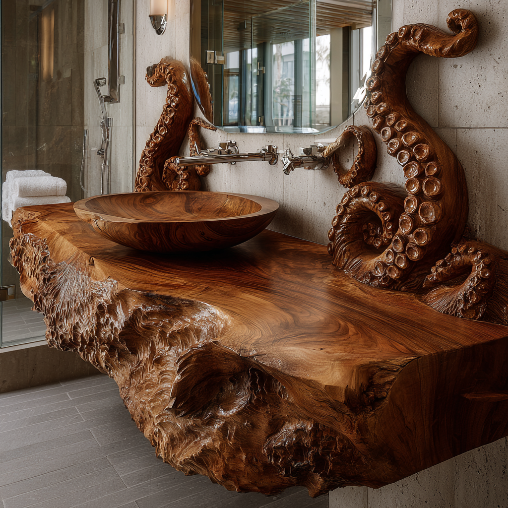 Nerithal Octopus Form Sculpted Solid Wood Floating Bathroom Vanity - Timberustic Floating Bathroom Vanity