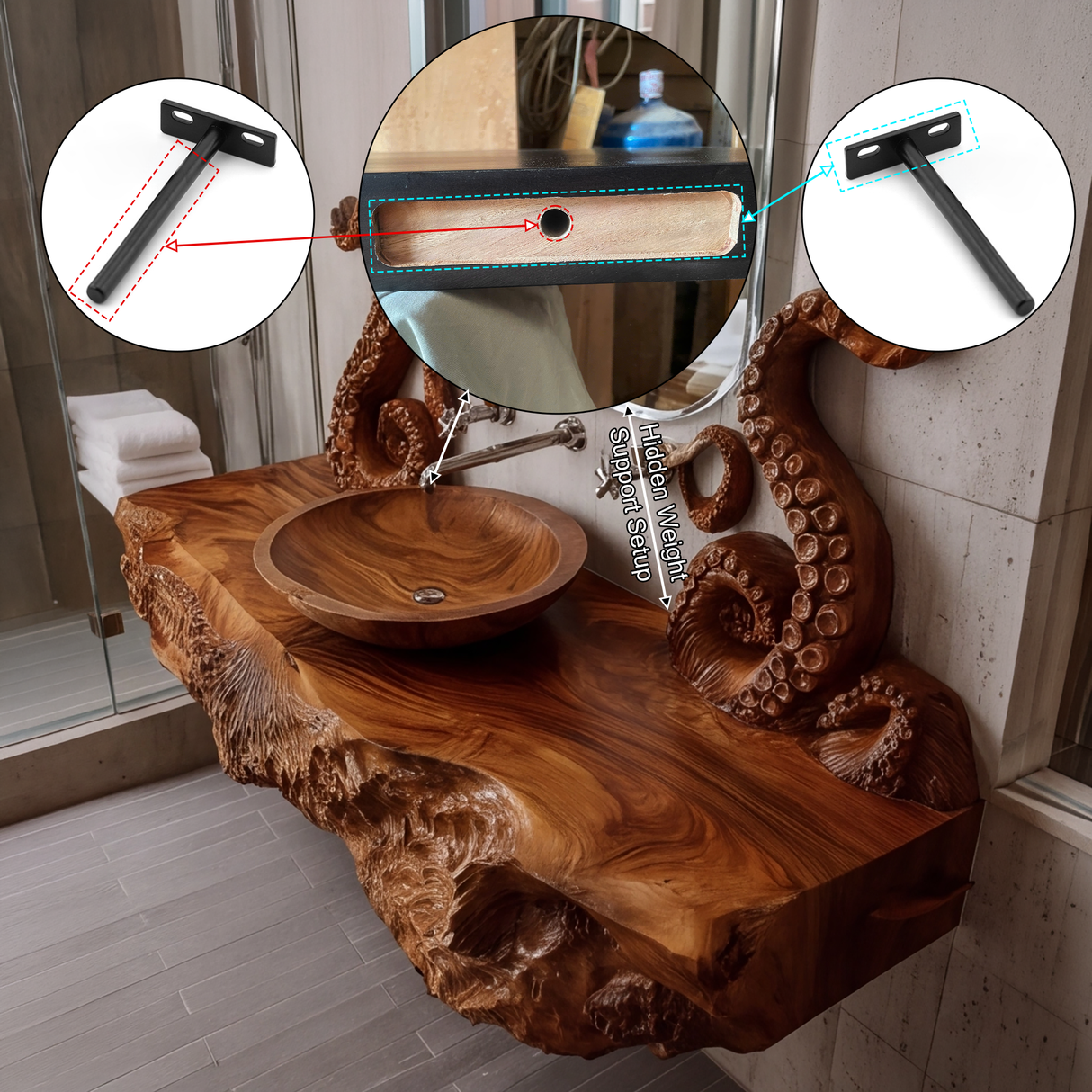 Nerithal Octopus Form Sculpted Solid Wood Floating Bathroom Vanity - Timberustic Floating Bathroom Vanity