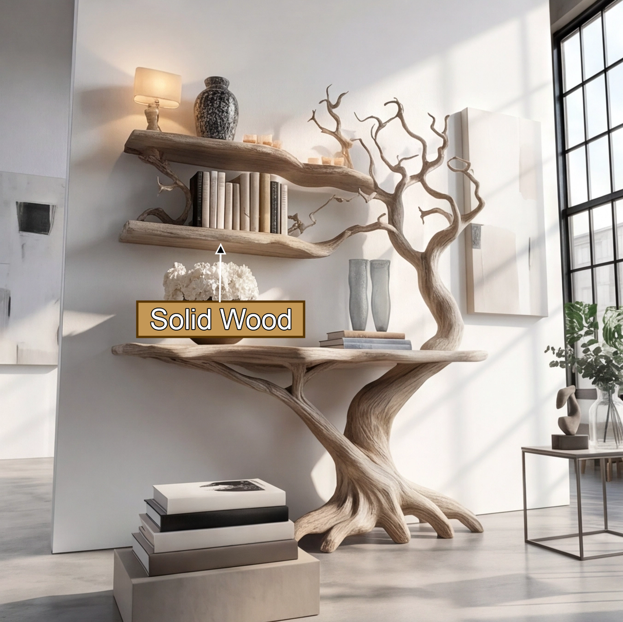 Nerithra Sculpted Solid Wood Console Table with Shelves - Timberustic Console Table with Shelves