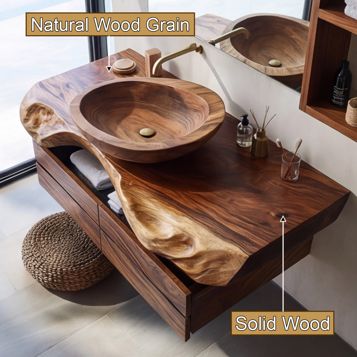Seravik Live Edge Solid Wood Floating Bathroom Vanity with Drawers - Timberustic Floating Bathroom Vanity With Drawers