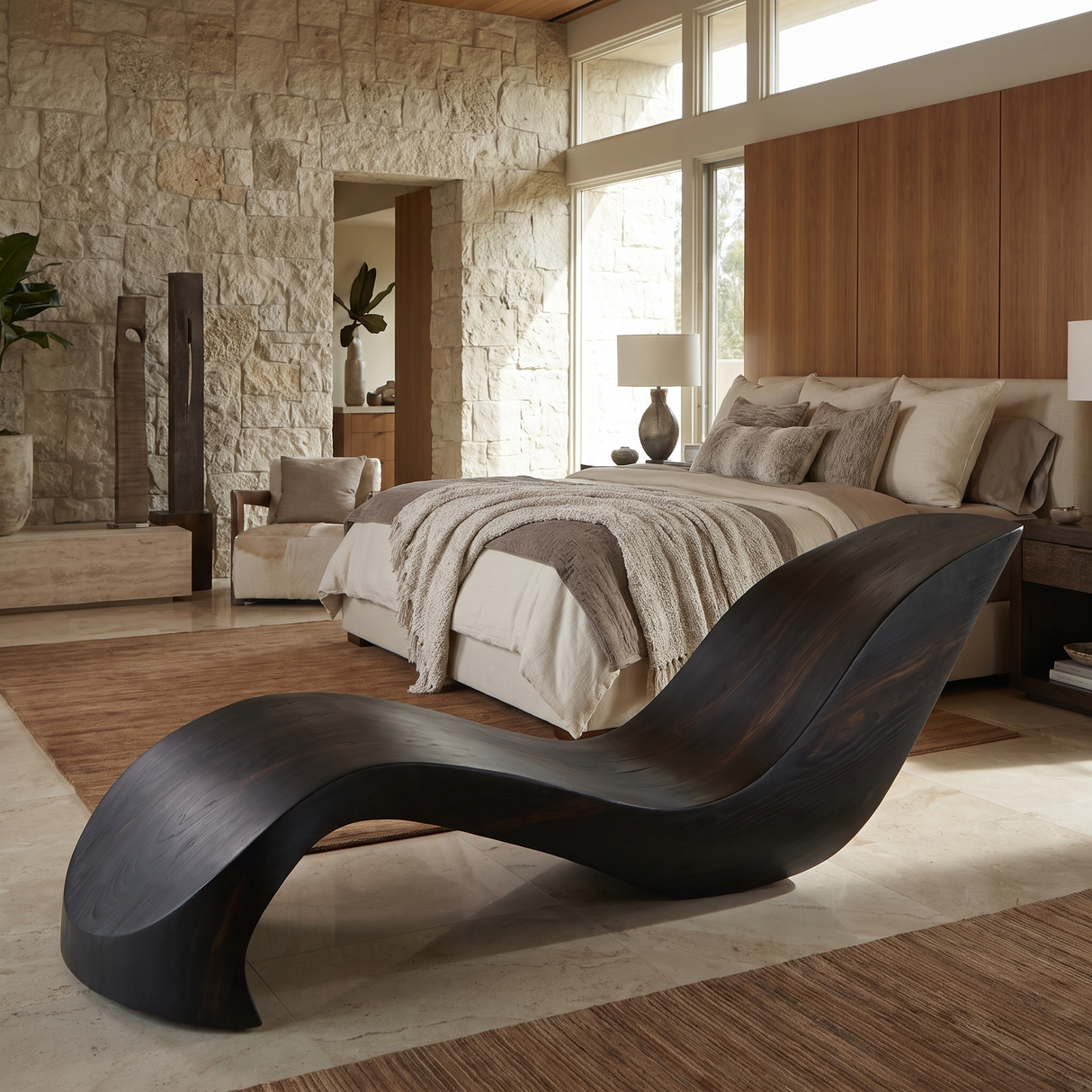 Norwyn Handcrafted Sculpted Solid Wood Chaise Lounge