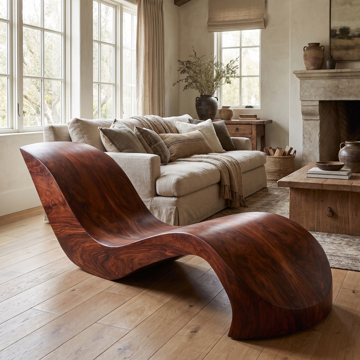 Norwyn Handcrafted Sculpted Solid Wood Chaise Lounge