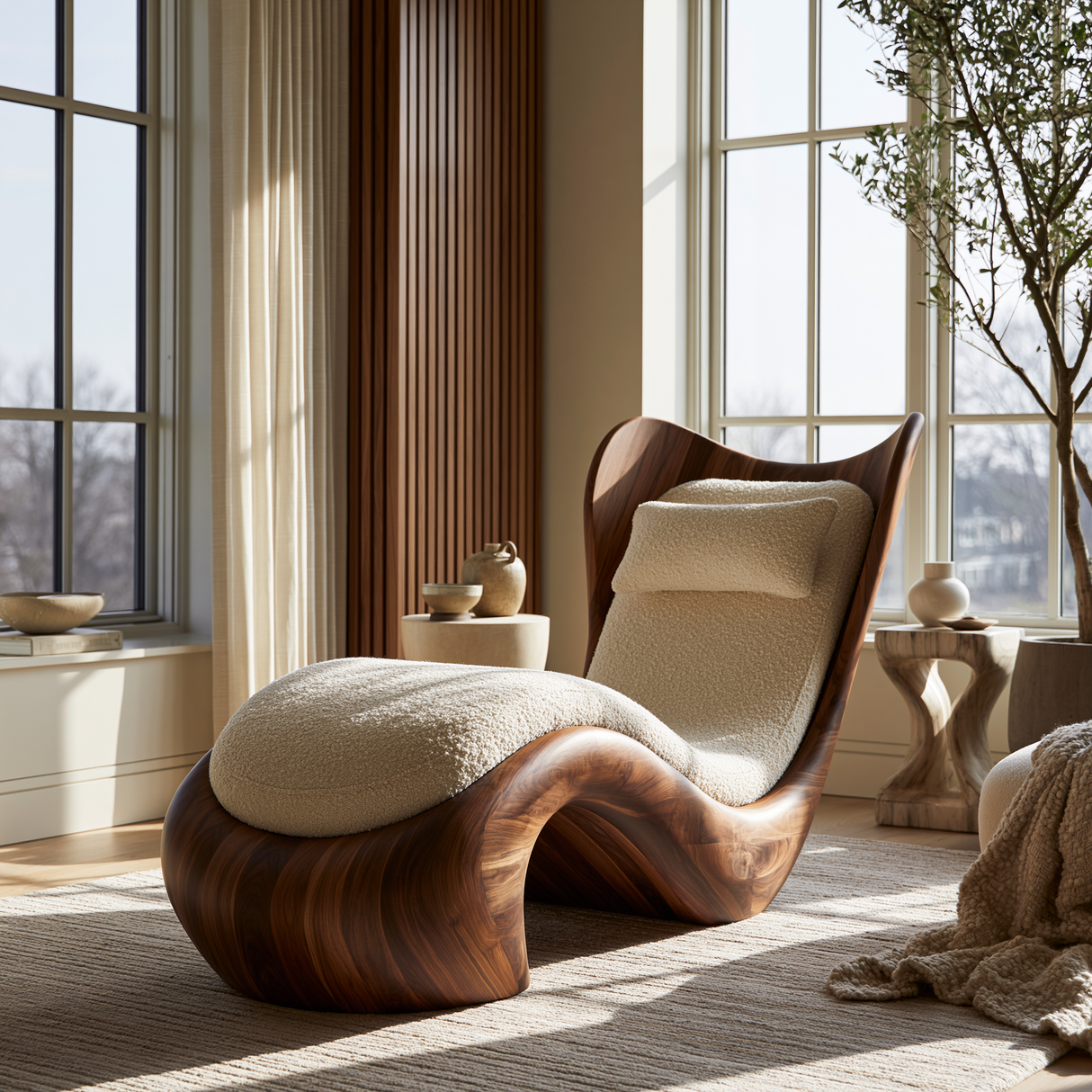 Novera Handcrafted Sculpted Solid Wood Chaise Lounge