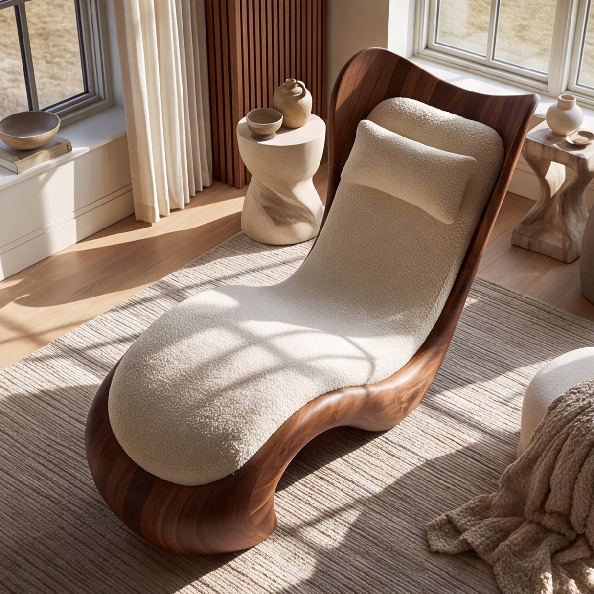 Novera Handcrafted Sculpted Solid Wood Chaise Lounge