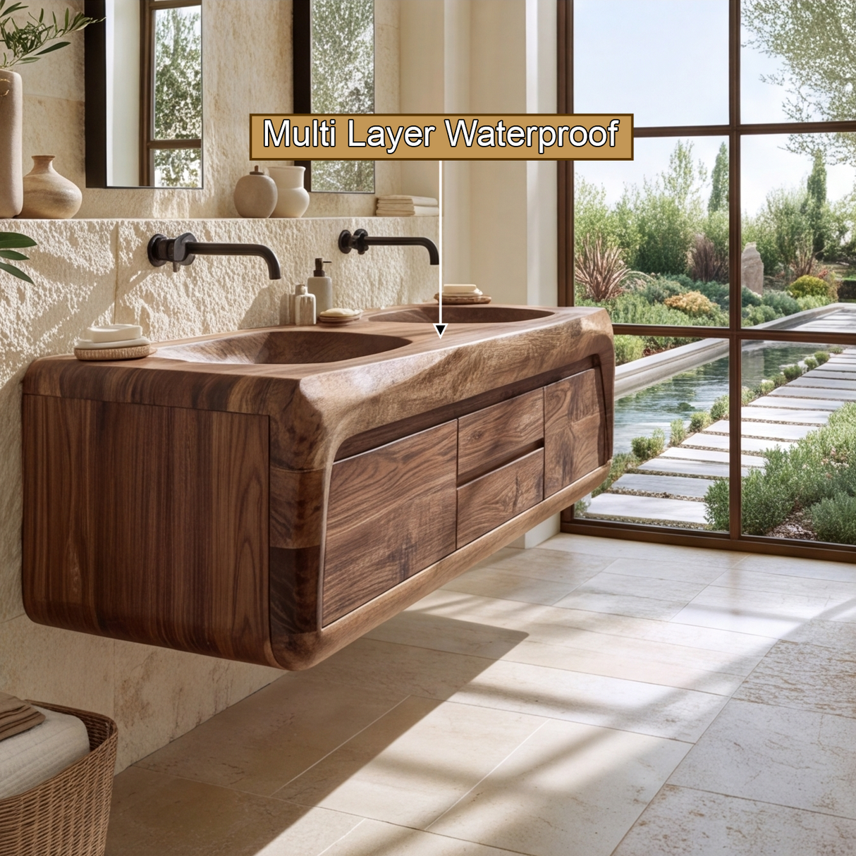 Nymeroak Sculpted Solid Wood Floating Bathroom Vanity with Integrated Sinks and Drawers