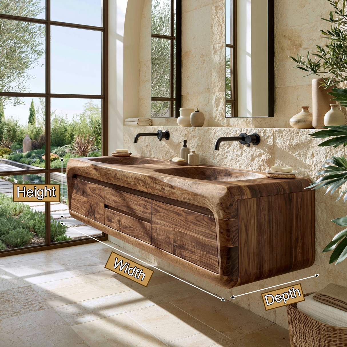 Nymeroak Sculpted Solid Wood Floating Bathroom Vanity with Integrated Sinks and Drawers