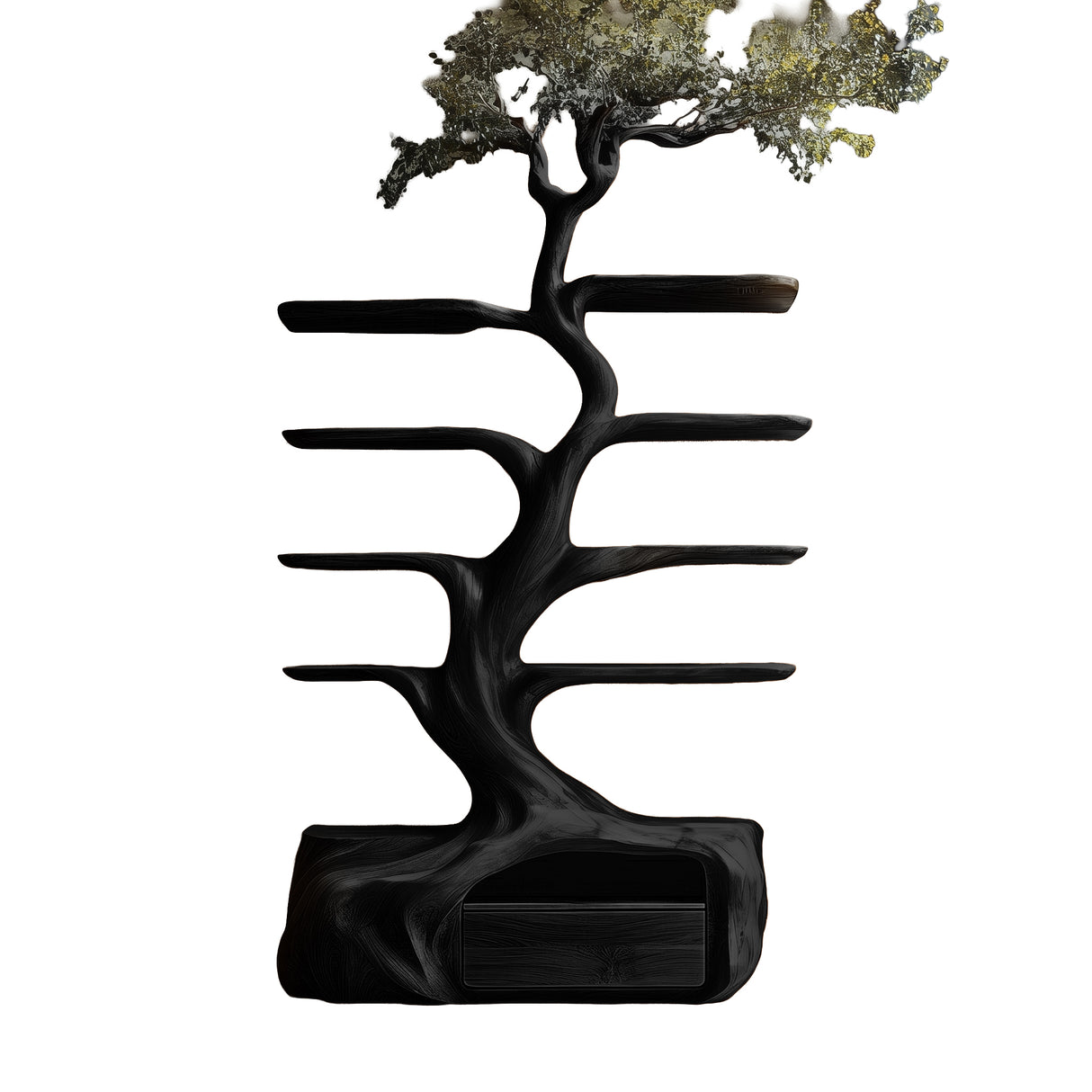 Nytherion Sculpted Solid Wood Tree Bookshelf with Drawers Black - Timberustic Tree Bookshelf