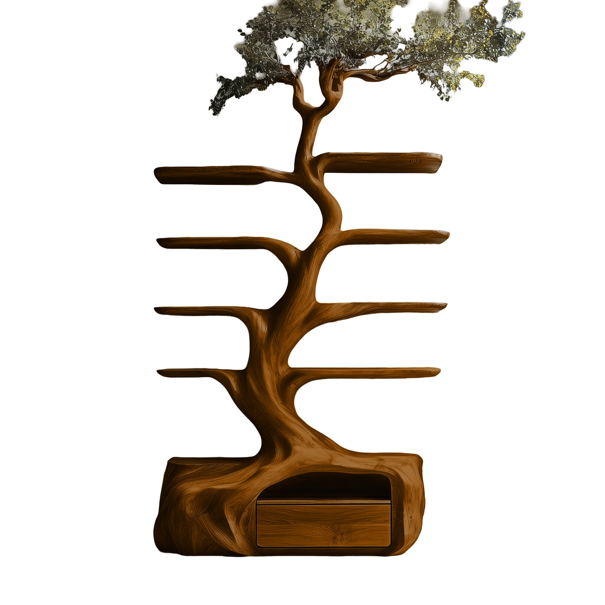 Nytherion Sculpted Solid Wood Tree Bookshelf with Drawers Brown - Timberustic Tree Bookshelf