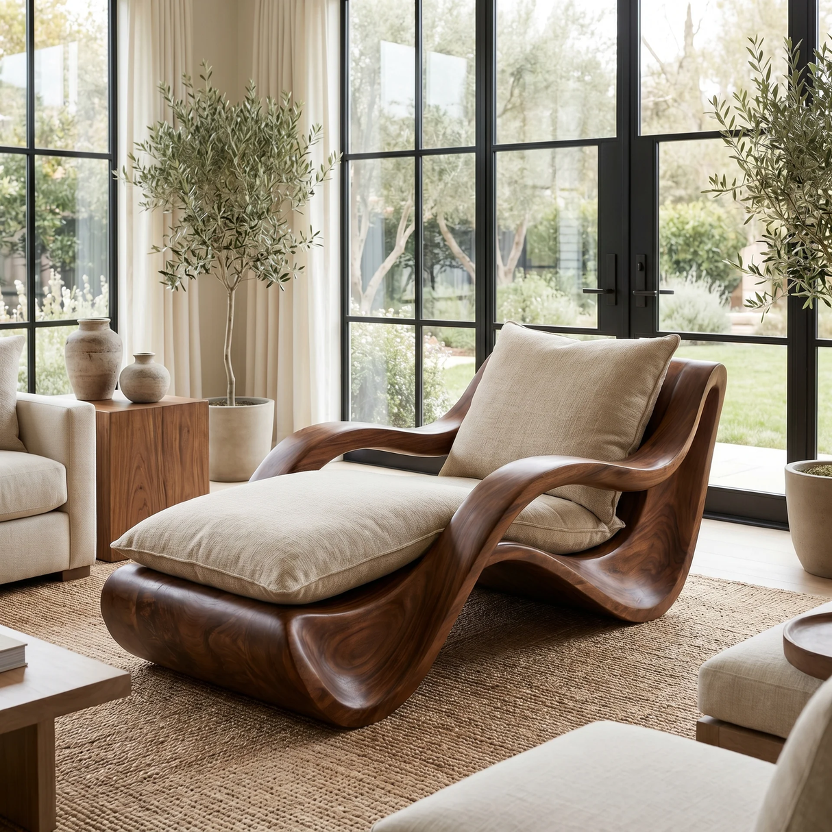 Nytheris Handcrafted Sculpted Solid Wood Chaise Lounge