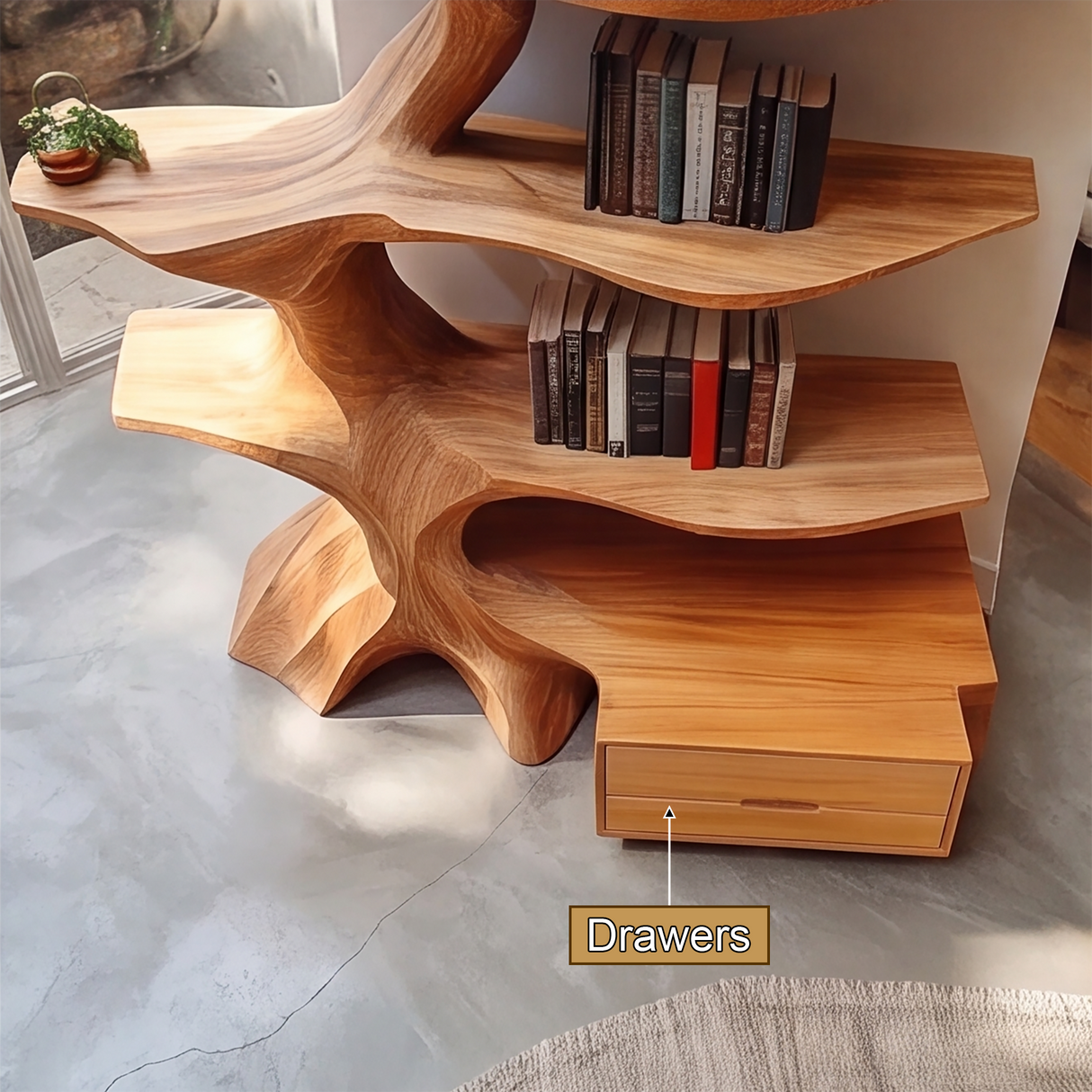 Oakspire Handcrafted Sculpted Solid Wood Tree Bookshelf with Drawer SPA198784 - Timberustic Tree Bookshelf