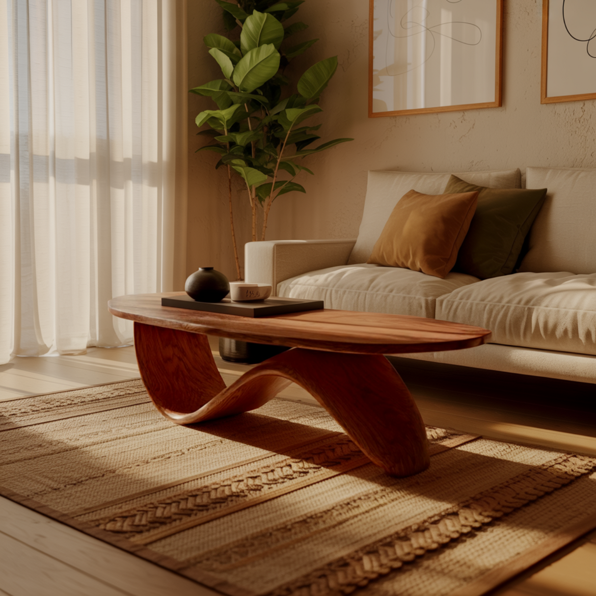 Organic Wave Solid Wood Coffee Table – Scandinavian Japandi Style