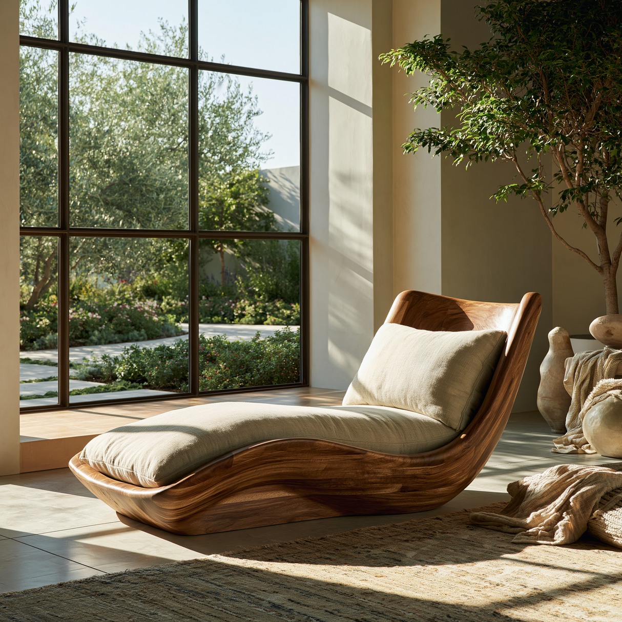 Orivelle Handcrafted Sculpted Solid Wood Chaise Lounge