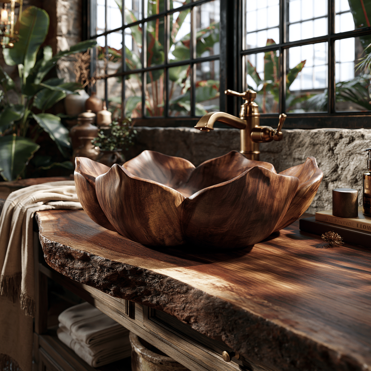 Petalore Handcrafted Solid Wood Flower Vessel Sink