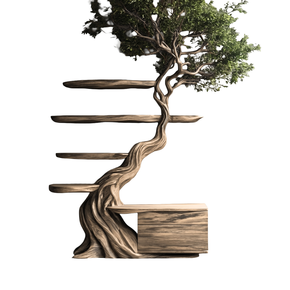 Ravaryn Organic Modern Tree Bookshelf with Drawers Natural Oak - Timberustic Tree Bookshelf
