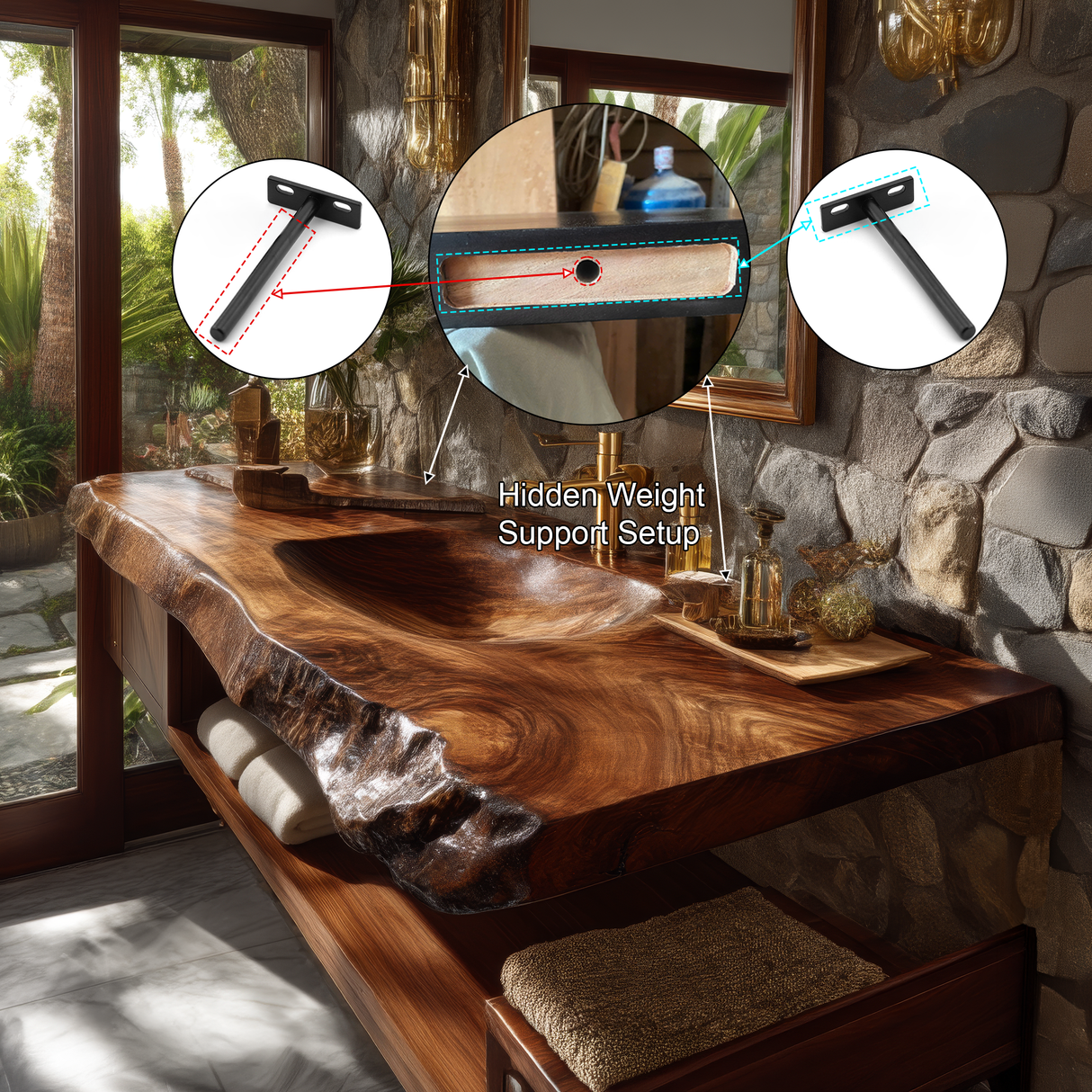 Ravello Live Edge Solid Wood Floating Bathroom Vanity with Integrated Sink - Timberustic Floating Bathroom Vanity with Integrated Sink