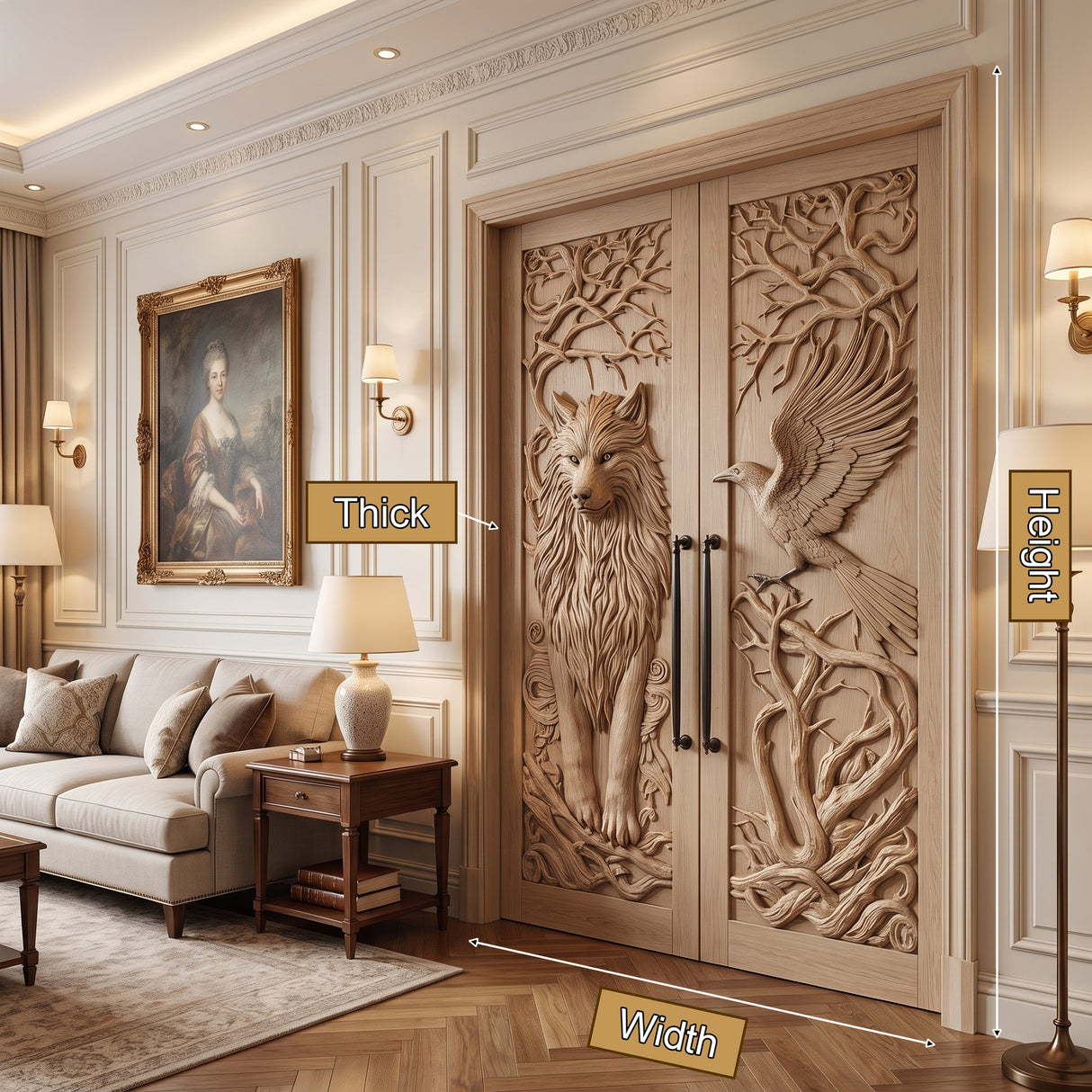 Ravenholt Sculpted Solid Wood Wolf & Raven Double Doors