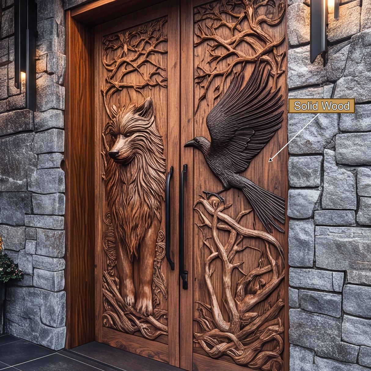 Ravenholt Sculpted Solid Wood Wolf & Raven Double Doors