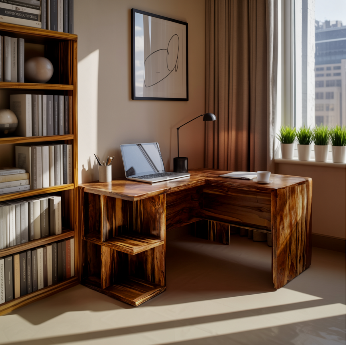 Ravon Solid Wood L-Shape Desk with Drawers - Timberustic Desk With Drawers