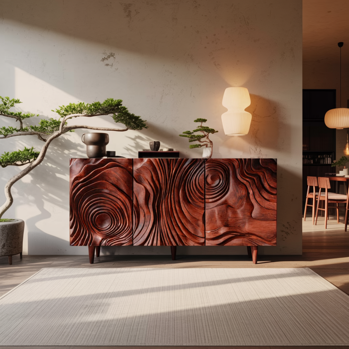 Ravyn Hand-Carved Natural Hardwood Sideboard Cabinet