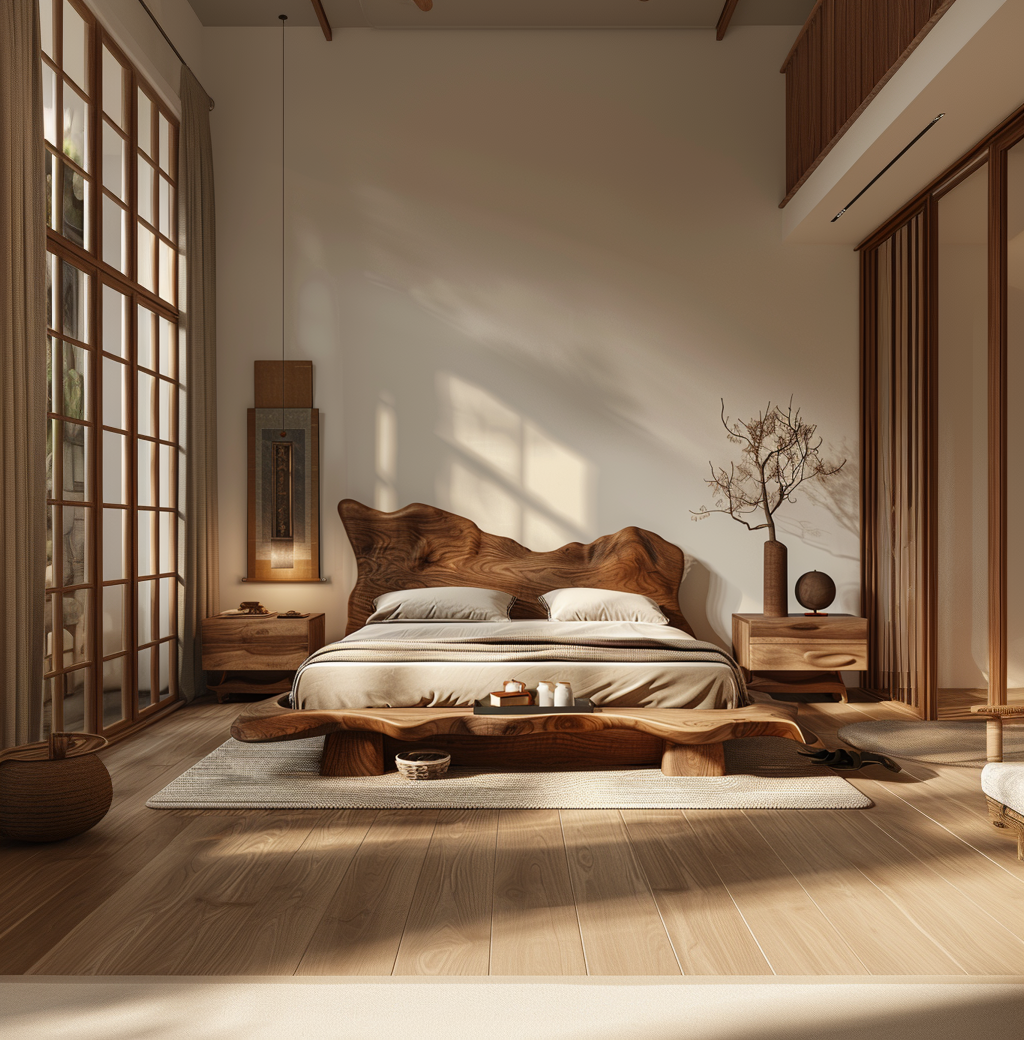 Raw Flow Zen Solid Wood Headboard with Integrated Bed Frame