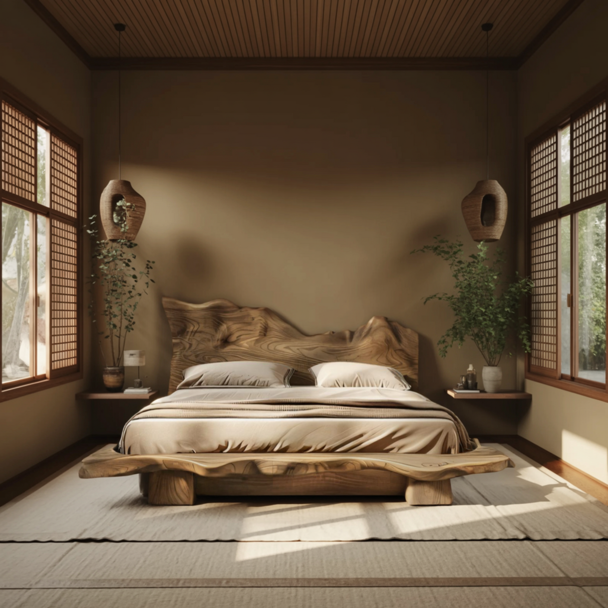 Raw Flow Zen Solid Wood Headboard with Integrated Bed Frame