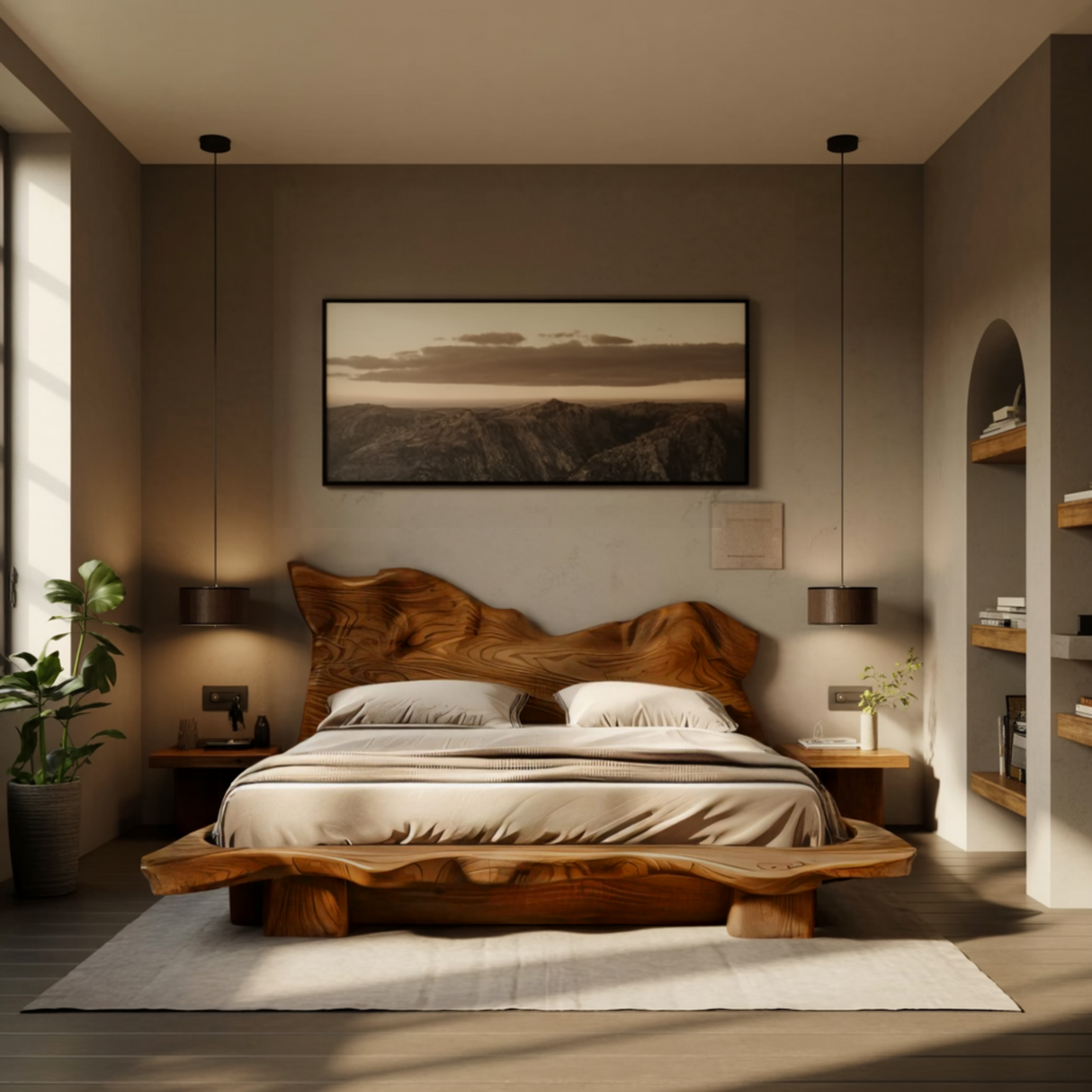 Raw Flow Zen Solid Wood Headboard with Integrated Bed Frame