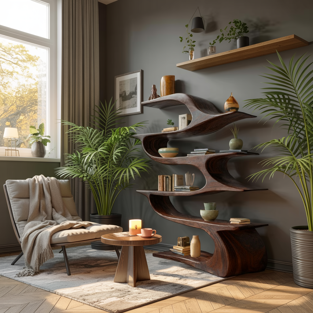 Ribbonwave Sculpted Solid Wood Bookshelf