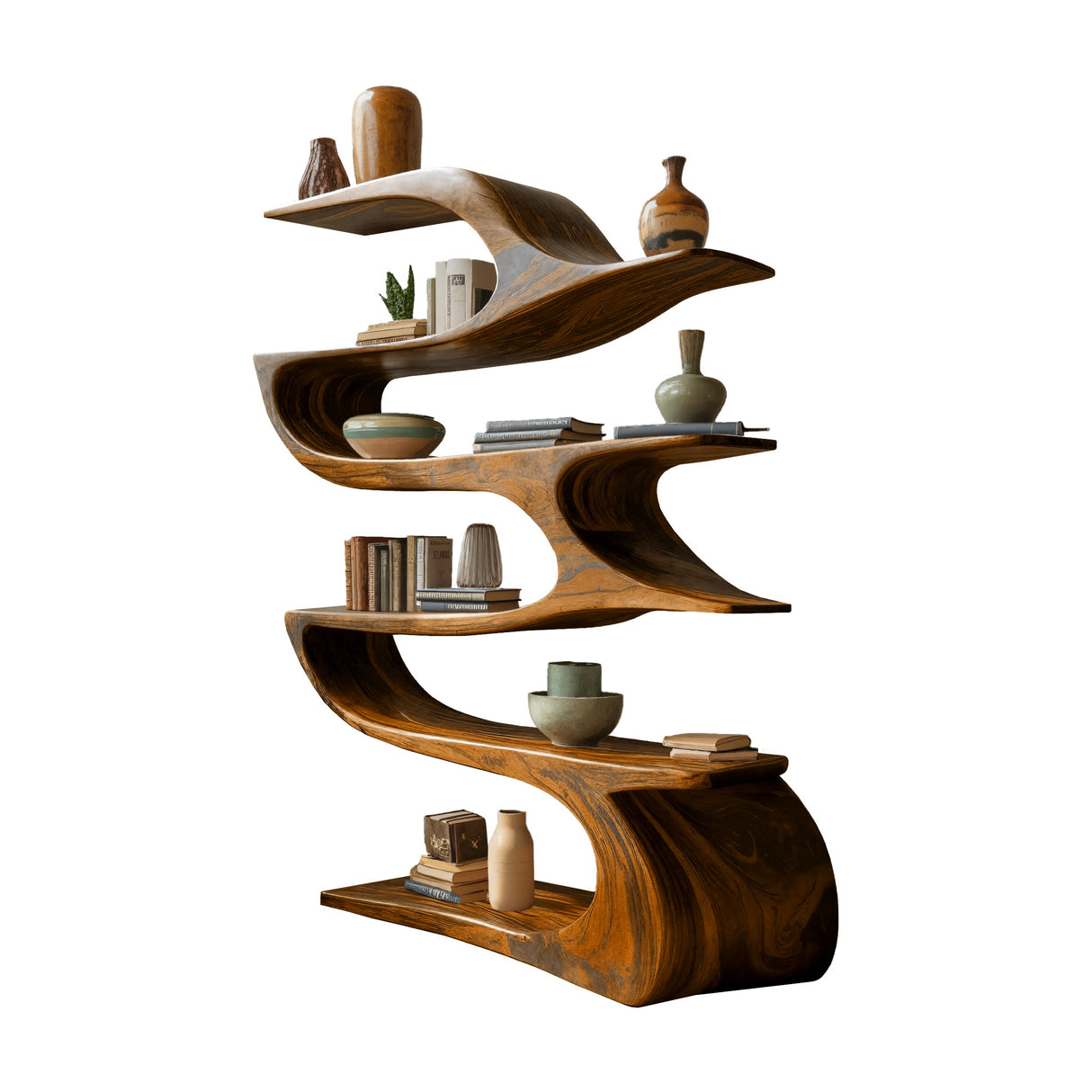 Ribbonwave Sculpted Solid Wood Bookshelf Brown - Timberustic Bookshelf