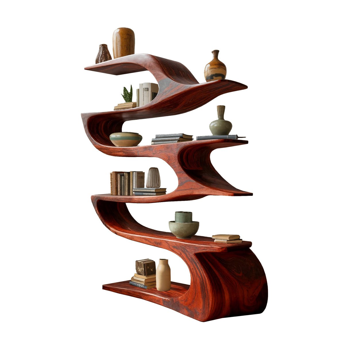 Ribbonwave Sculpted Solid Wood Bookshelf Mahogany - Timberustic Bookshelf