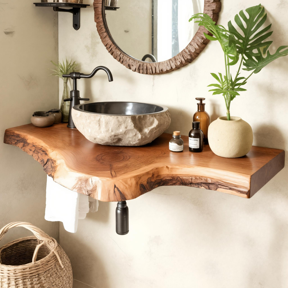 Rustic Live Edge Solid Wood Floating Bathroom Vanity