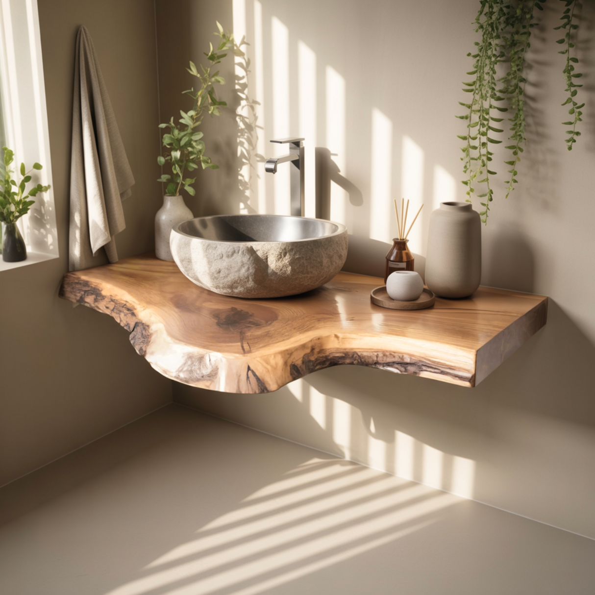 Rustic Live Edge Solid Wood Floating Bathroom Vanity