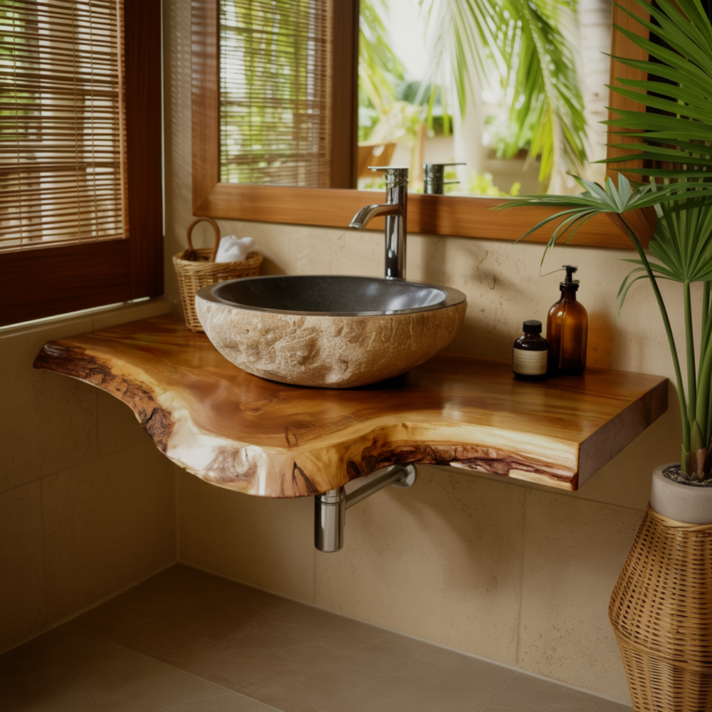 Rustic Live Edge Solid Wood Floating Bathroom Vanity