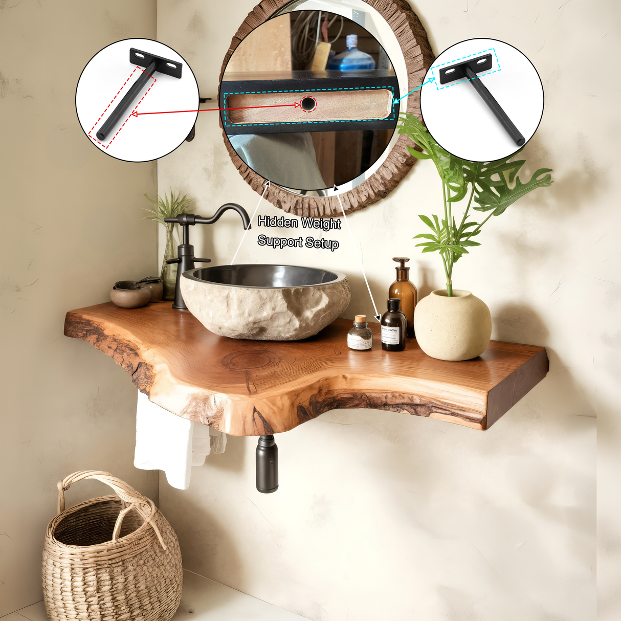Rustic Live Edge Solid Wood Floating Bathroom Vanity