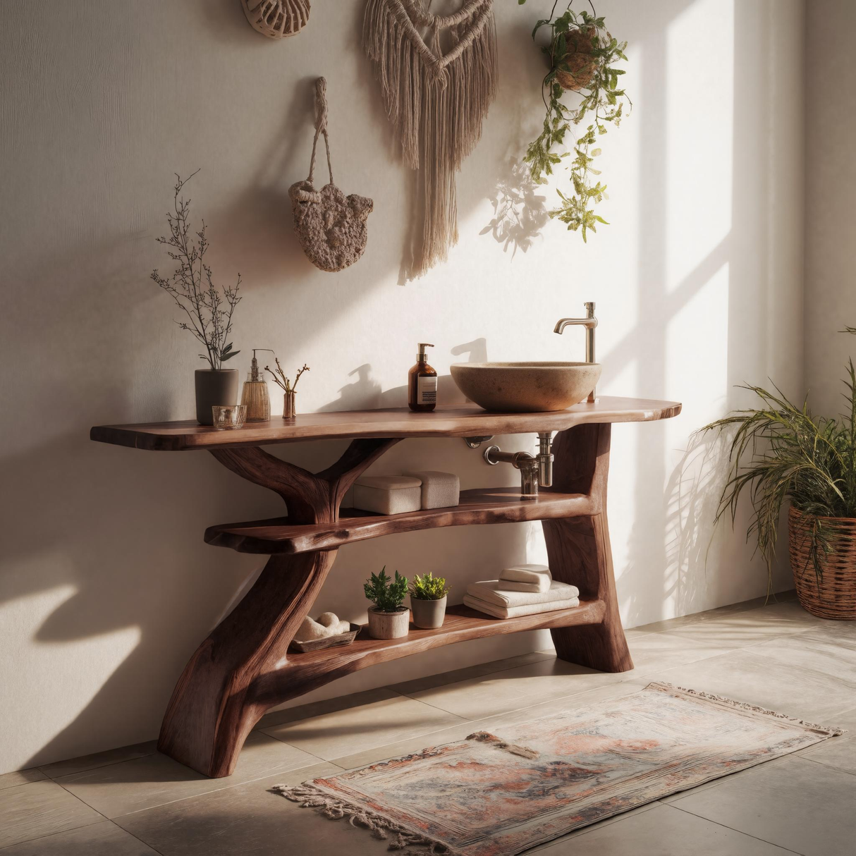 Rustic Solid Wood Bathroom Vanity with Shelves