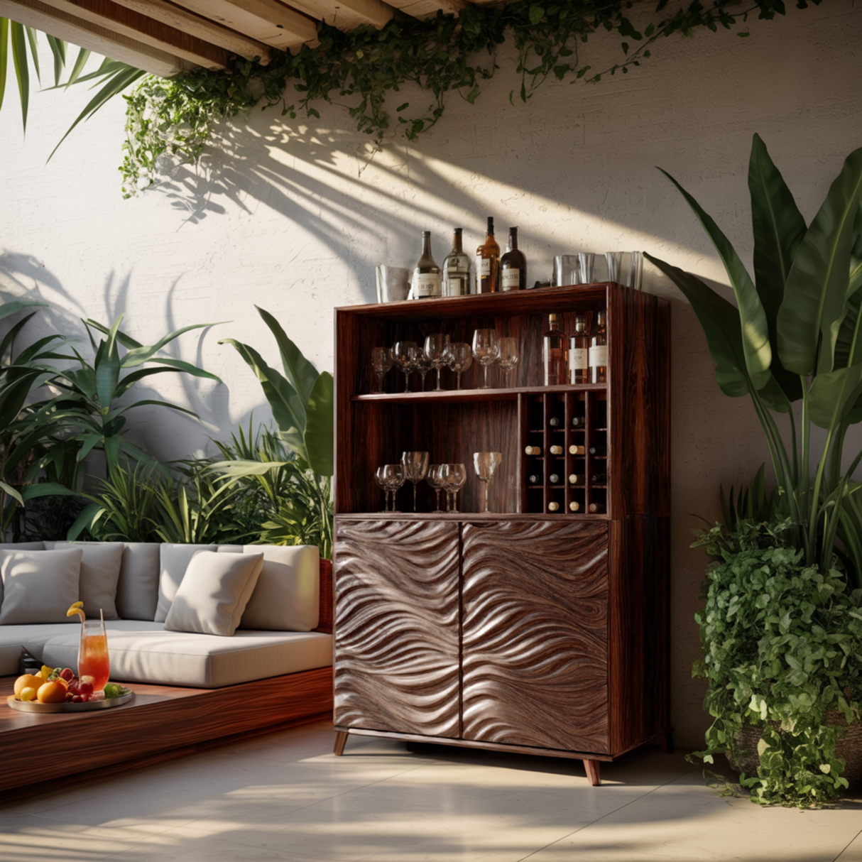 Seawave Carved Solid Wood Bar Cabinet