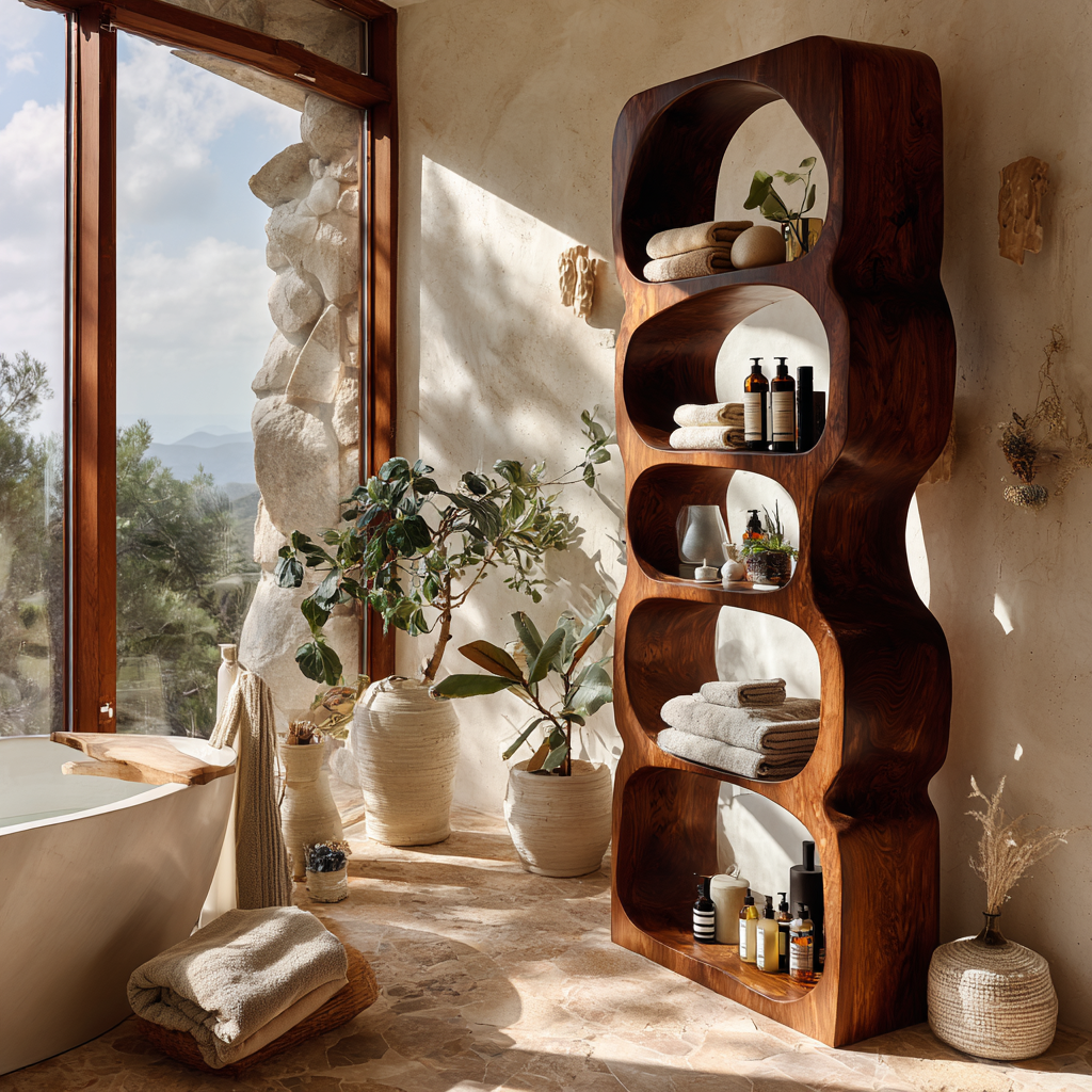 Serava Sculpted Solid Wood Bathroom Display Shelf - Timberustic Bathroom Display Shelf