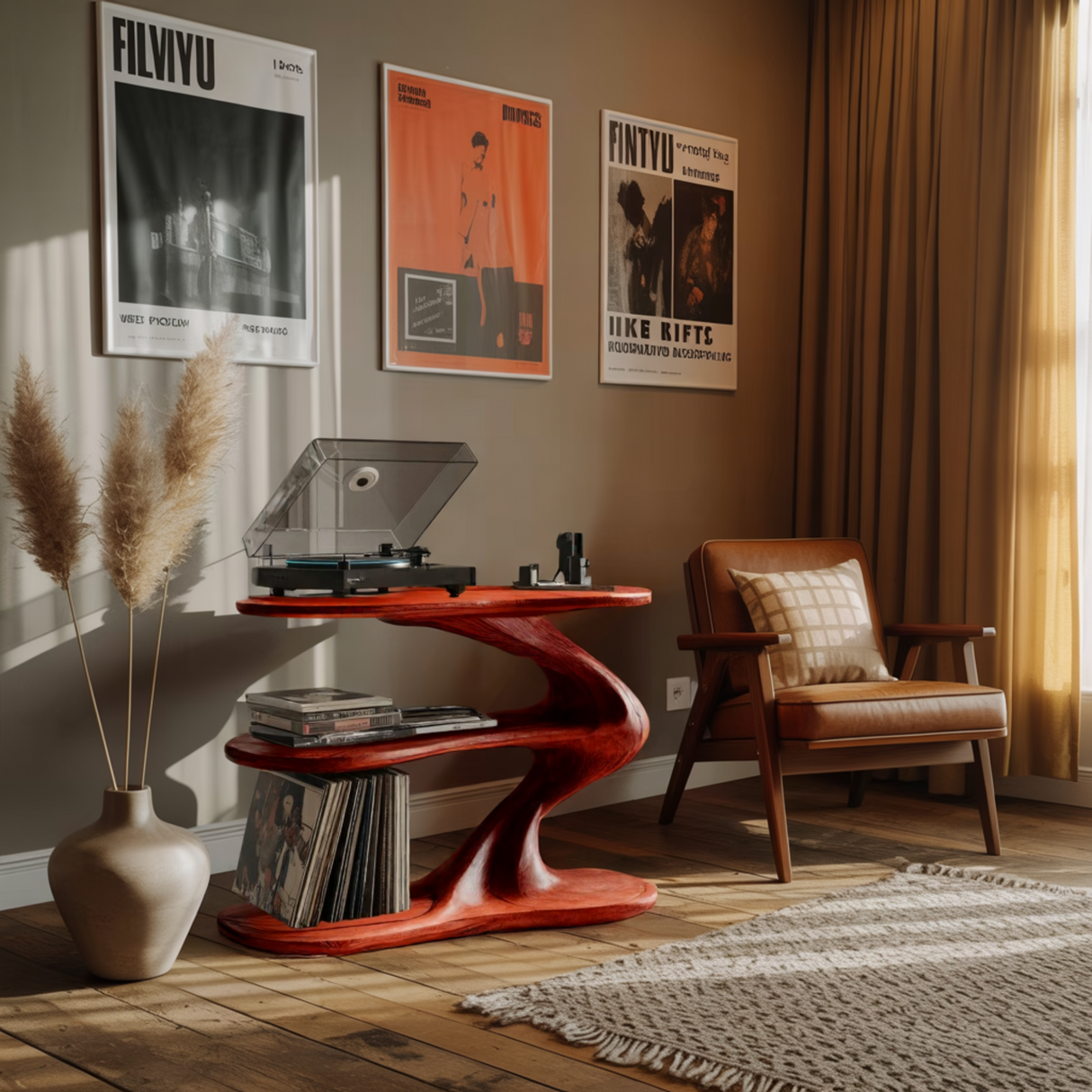 Serenata Sculpted Solid Wood Record Player Stand - Timberustic Record Player Stand With Storage